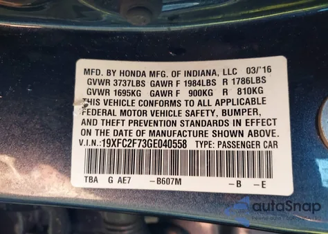 2016 Honda Civic Ex из США, поврежденный, VIN 19XFC2F73GE040558